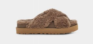 Klapki Damskie Ugg Fuzz Sugar Cross Czekolada | ZUT-943721