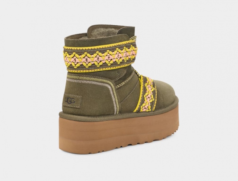 Buty na Platformie Damskie Ugg Klasyczne Mini II Braid Oliwkowe | AXH-281459