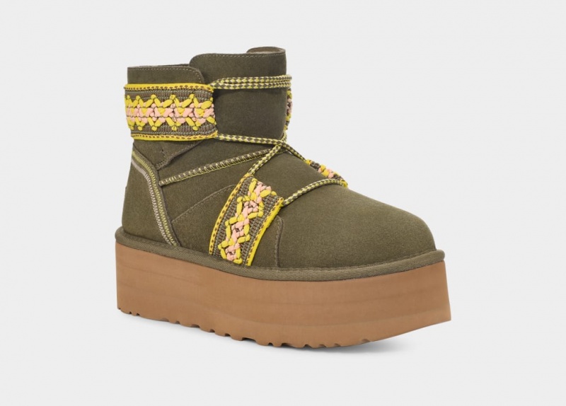 Buty na Platformie Damskie Ugg Klasyczne Mini II Braid Oliwkowe | AXH-281459