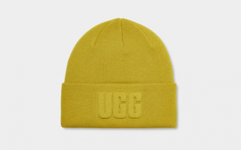 Czapki Beanie Damskie Ugg 3D Grafiką Logo Żółte | VPR-465721