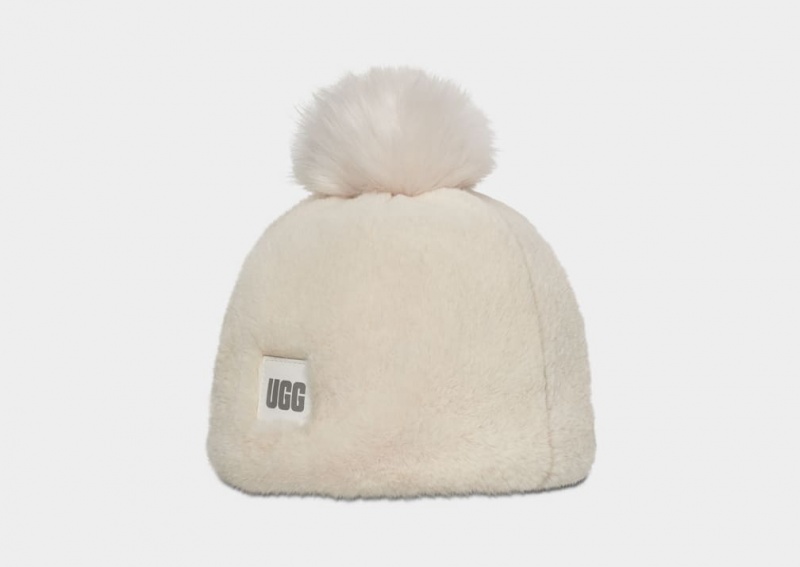 Czapki Beanie Damskie Ugg Faux Fur W Pom Białe | DGZ-483965