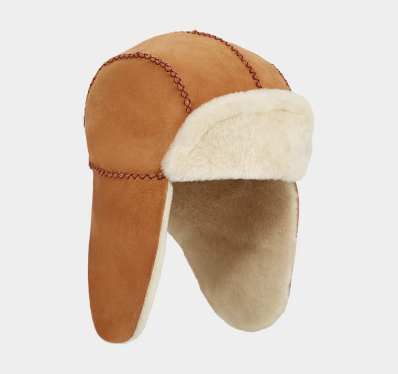 Czapki Dziecięce Ugg Sheepskin Trapper with Stitch Brązowe | LOG-683012