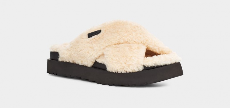 Klapki Damskie Ugg Fuzz Sugar Cross Beżowe Czarne | YPX-736925