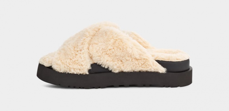 Klapki Damskie Ugg Fuzz Sugar Cross Beżowe Czarne | YPX-736925