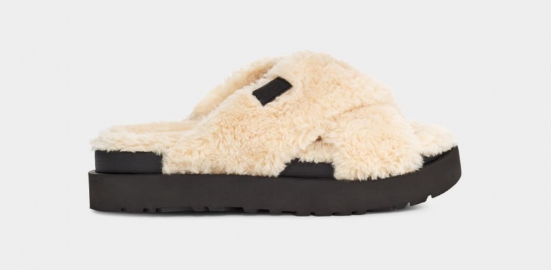 Klapki Damskie Ugg Fuzz Sugar Cross Beżowe Czarne | YPX-736925