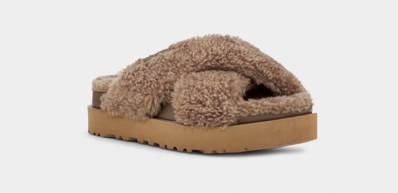 Klapki Damskie Ugg Fuzz Sugar Cross Czekolada | ZUT-943721