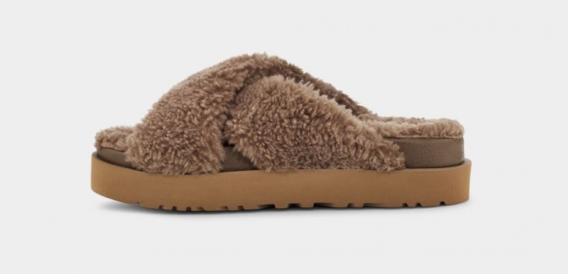 Klapki Damskie Ugg Fuzz Sugar Cross Czekolada | ZUT-943721