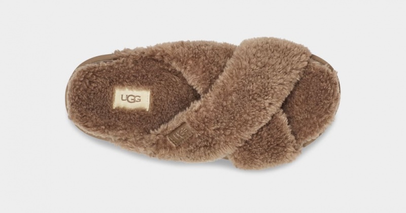 Klapki Damskie Ugg Fuzz Sugar Cross Czekolada | ZUT-943721