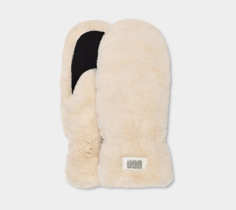 Rękawiczki Damskie Ugg Pikowana Faux Fur Mitten Beżowe | OEL-679201