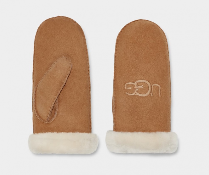 Rękawiczki Damskie Ugg Shearling Embroider Mitten Brązowe | OJI-728501