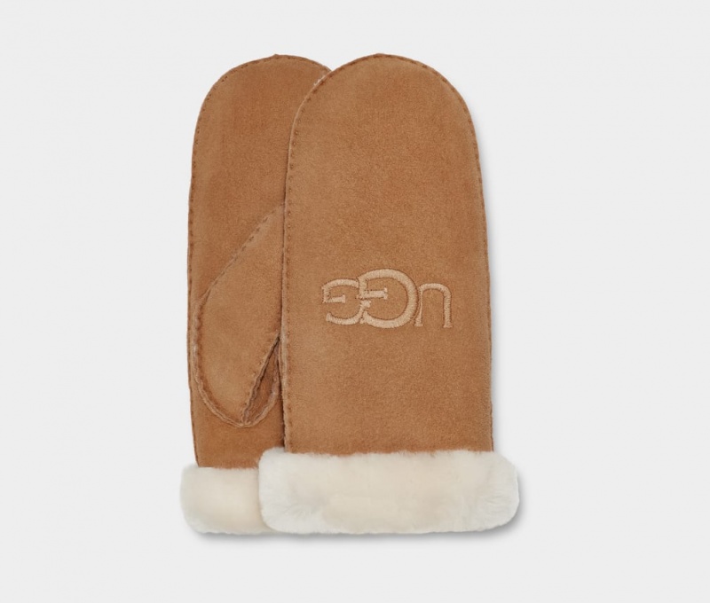 Rękawiczki Damskie Ugg Shearling Embroider Mitten Brązowe | OJI-728501