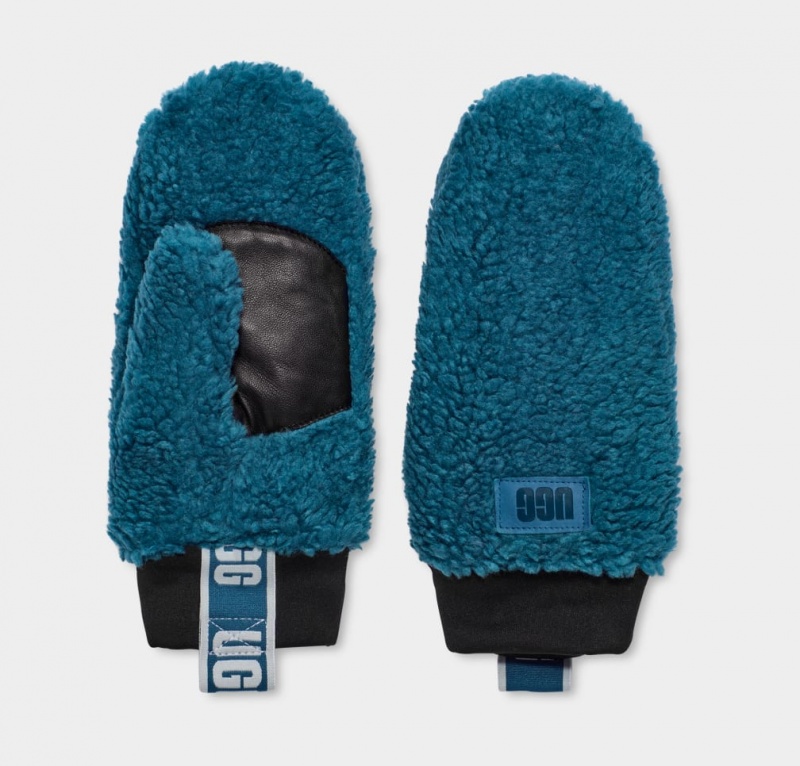 Rękawiczki Damskie Ugg Sherpa Mitten W Logo Tape Niebieskie | SWL-913506