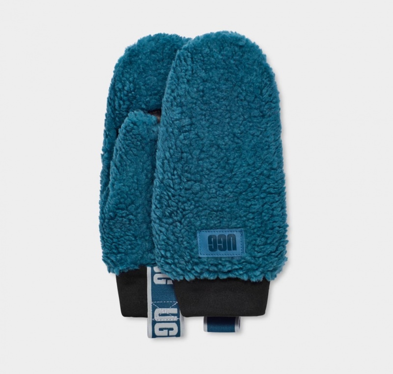 Rękawiczki Damskie Ugg Sherpa Mitten W Logo Tape Niebieskie | SWL-913506