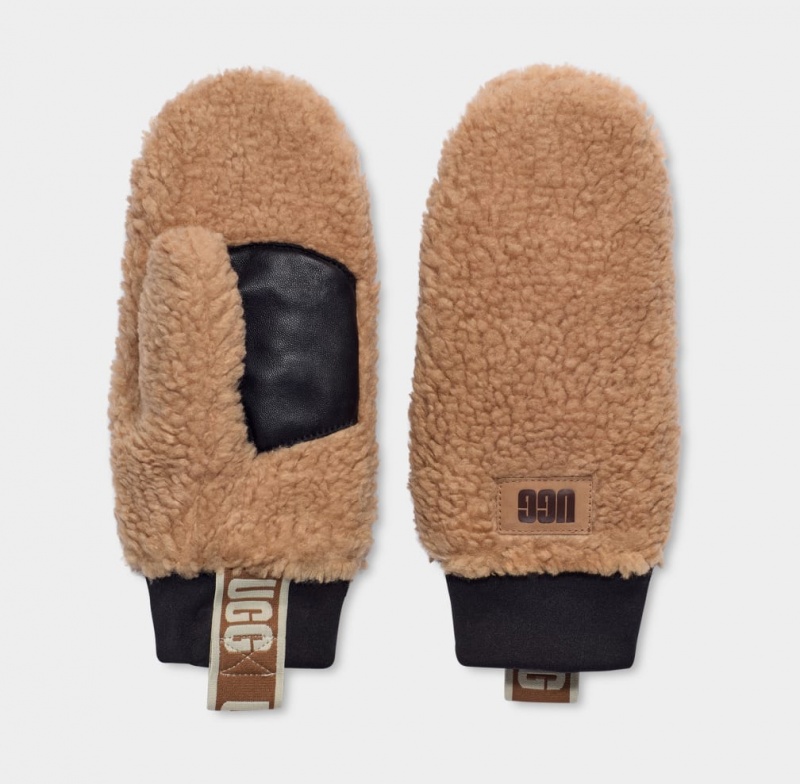 Rękawiczki Damskie Ugg Sherpa Mitten W Logo Tape Czekolada | MUC-378109