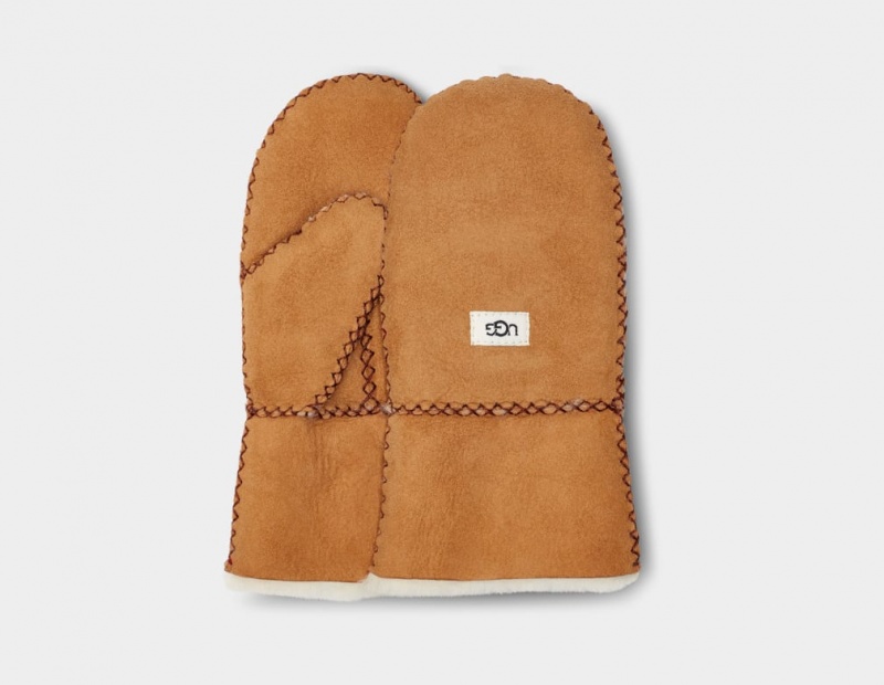 Rękawiczki Dziecięce Ugg Sheepskin Mitten with Stitch Brązowe | JTR-834520